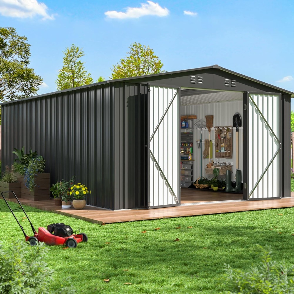 Gardening Tools Organiser - 14X12 FT Outdoor Storage Shed, Metal
