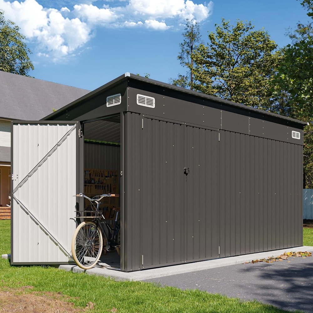 Gardening Tools Organiser - Lean-To Steel Storage Shed Triple Door